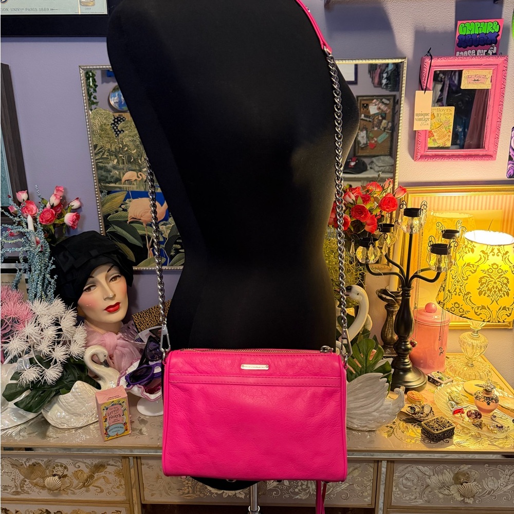 Rebecca Minkoff Mini M.A.C Electric Pink Leather Crossbody Bag Purse Chain Strap - Picture 4 of 17